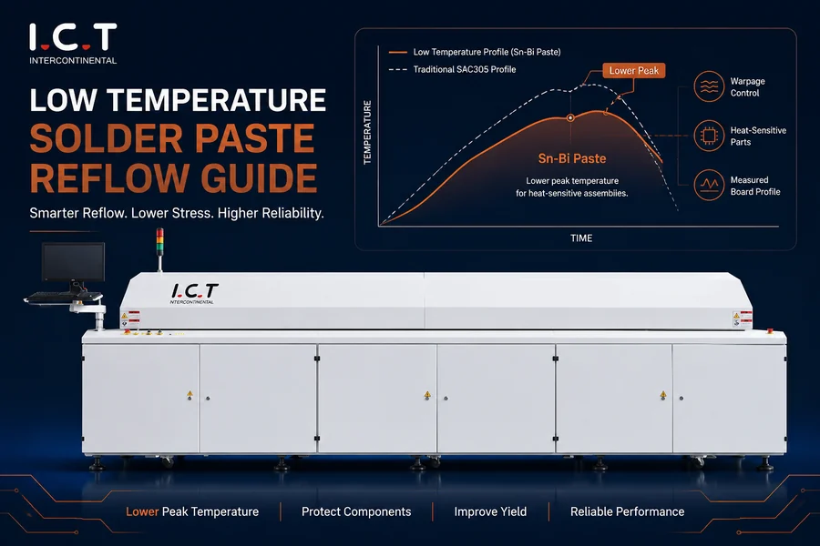 Low temperature solder paste reflow guide with I.C.T reflow oven and lower peak thermal profile