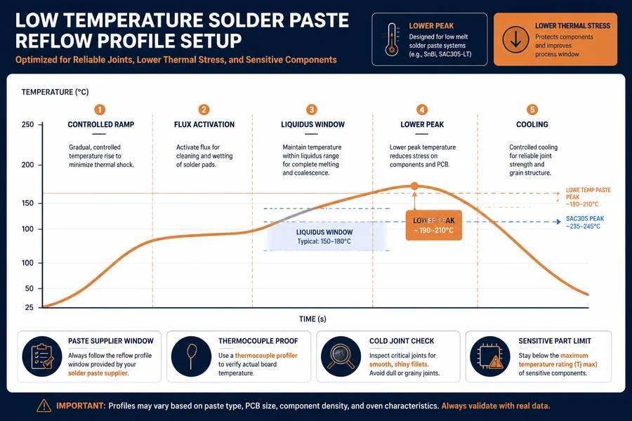 Low temperature solder paste reflow profile stages showing ramp liquidus lower peak and cooling