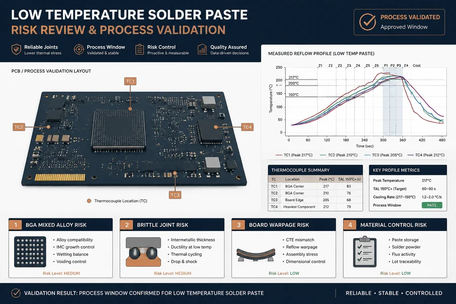 Low temperature solder paste process validation for BGA mixed alloy brittle joints and warpage risk