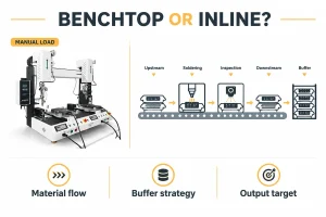 Real I.C.T benchtop soldering robot beside a non-product schematic of an inline board-flow sequence